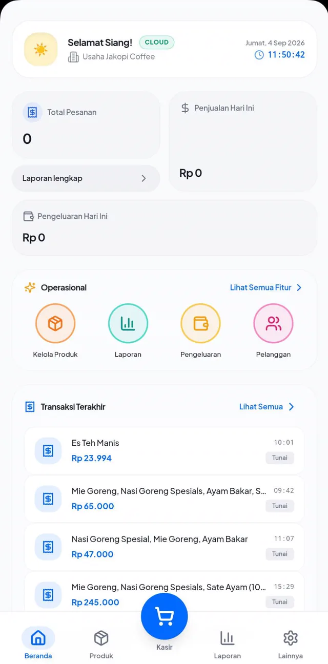 Layar beranda aplikasi kasir FreeKasir: ringkasan total pesanan, penjualan dan pengeluaran hari ini, menu operasional, serta daftar transaksi terakhir