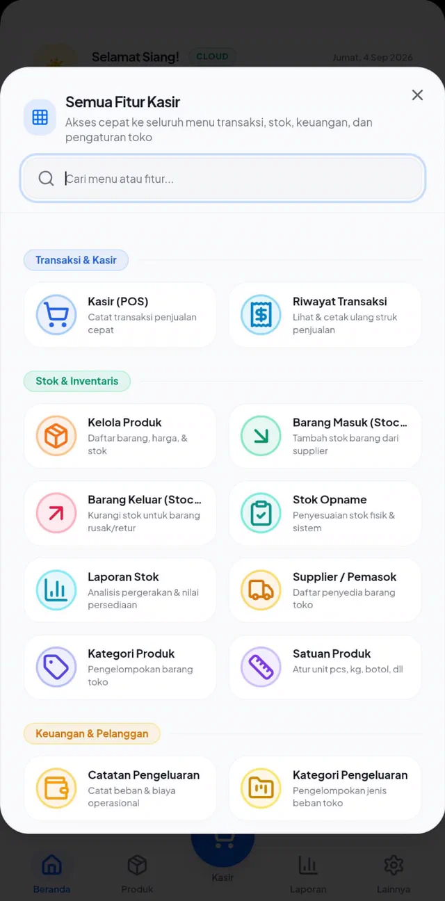 Daftar semua fitur FreeKasir: kasir POS, riwayat transaksi, kelola produk, barang masuk dan keluar, stok opname, laporan stok, supplier, kategori dan satuan produk, serta catatan pengeluaran